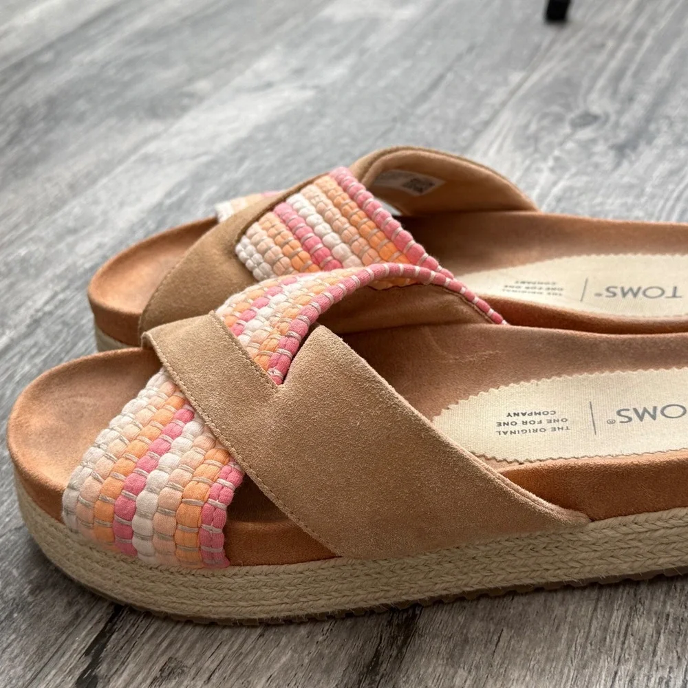 TOMS Women's Espadrille Platform Sandals Woven Slides Straps Tan Pink Coral W8‎